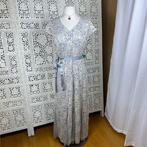 Candlelite Petite Blue & Cream Lace Flowy Cap Sleeve Long Formal Dress Sz L